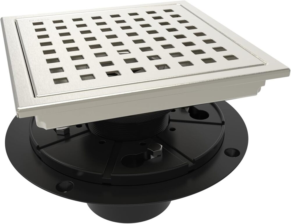 6 Inch Square Shower Drain & Flange, Quadrato, Stainless Steel, Brushed Nickel